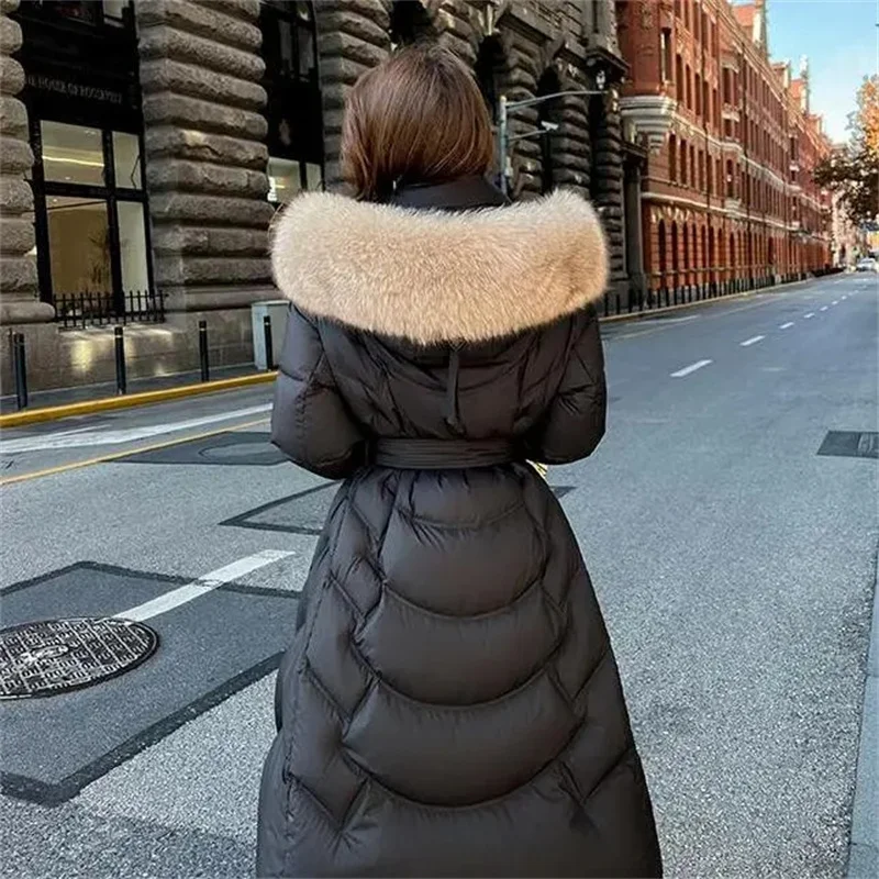 Fur Collar Hooded Long Slim Lace-up Down Jacket for Women's Winter Loose and Thick Warm Jacket Fashion Female Clothes