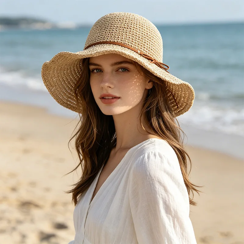 Summer Fresh Hollow Woven Straw Foldable Wide Brim Bucket Hat UV Protection Sun Cap For Women Beach Holiday Daily Outfits