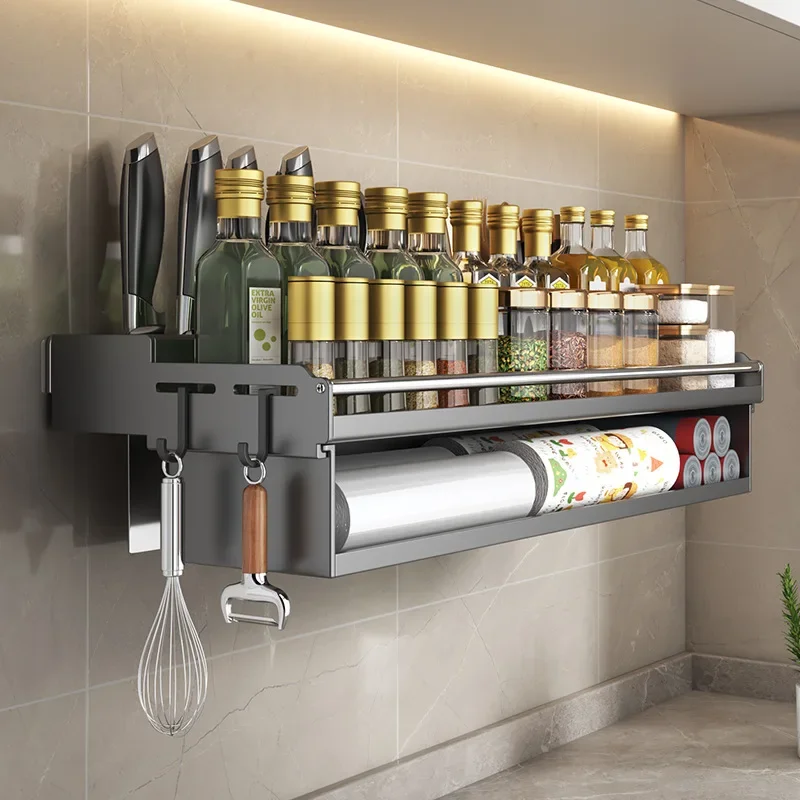 

New Kitchen Condiment Storage Rack Without Punching Multi-Functional Knife Holder Wall-Mounted Household Condiment Storage Rack