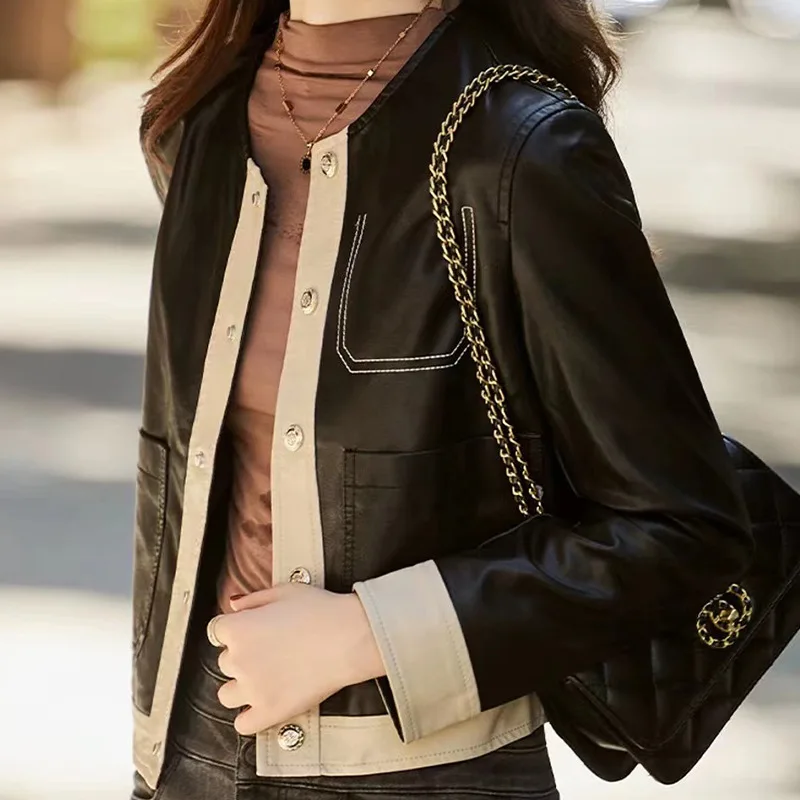 Spring New Patchwork Leather Coat Women Short Round Neck Motorcycle Leather Jacket Casual black beige Single Breasted PU Outwear