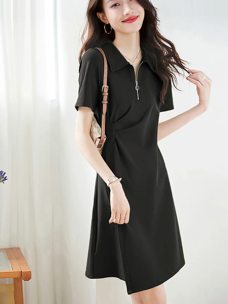 

Korean Sle ort Sve T-irt Dr A-Line Waist Cinched f Zipper Design Summer Pleated Chic Age-Defng Midi Skirt