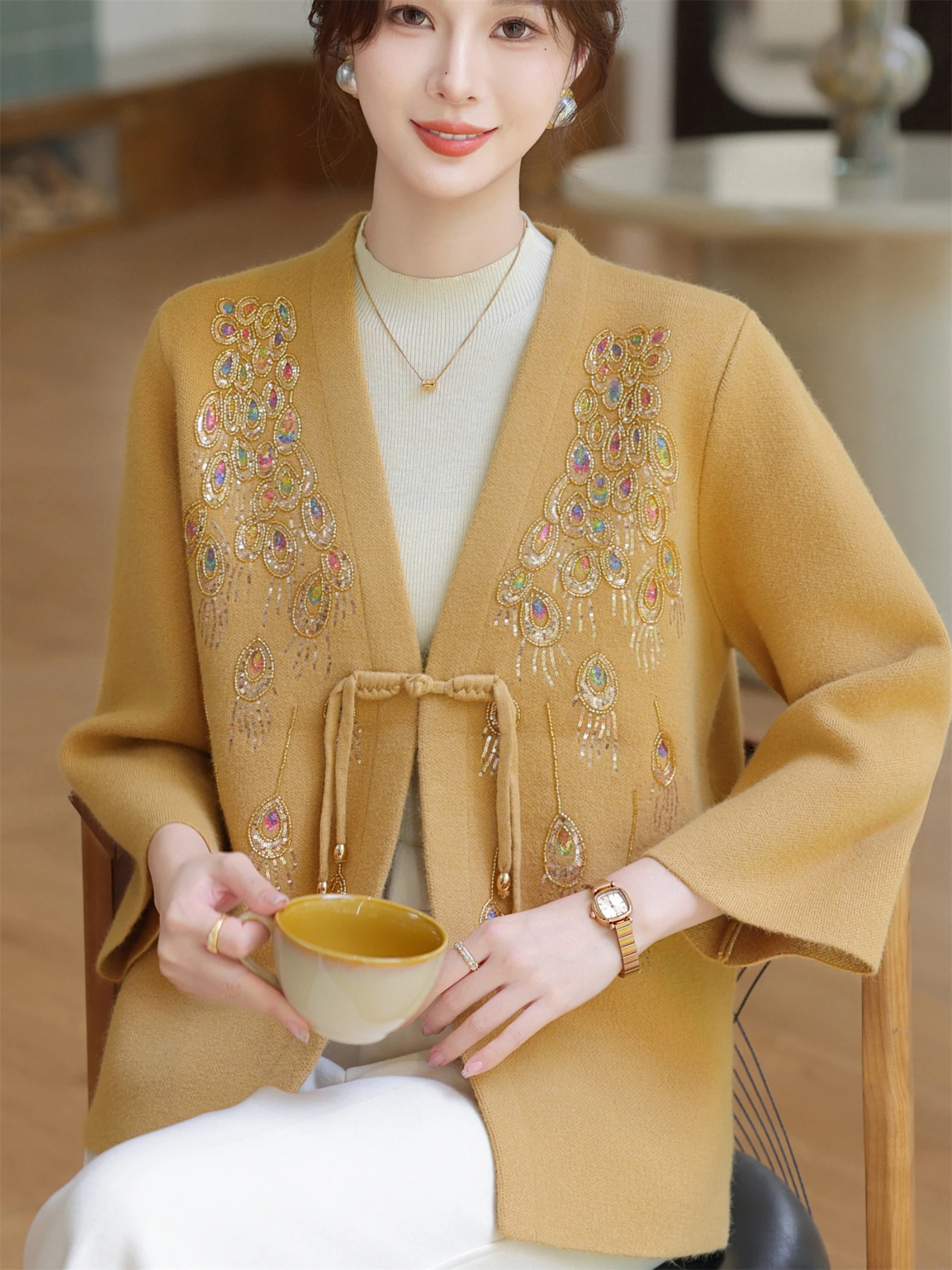 

New Chinese Sle Loose Knitted Cardigan for Middle-Aged And ly Women Diamond Embellied Open-irt Outerwear Casual Wear
