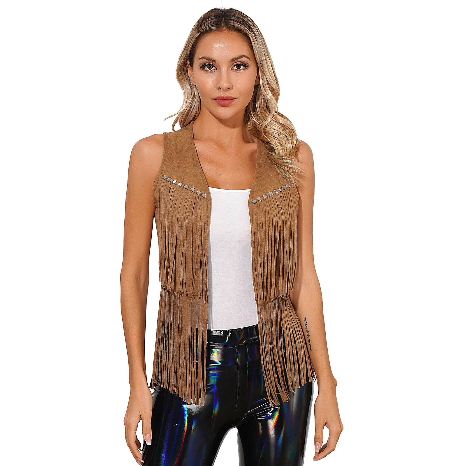 Women Adult Faux Suede Tassel Vest Fashion Rivets Fringe Waistcoat Open Front Sleeveless Jacket Grunge Rock Performance Costume