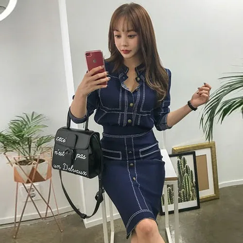 New Spring Knitted Two Piece Set Women Fashion O-neck Long Sleeve Sweater Tops Sheath Split Skirt Solid Office Lady Suit