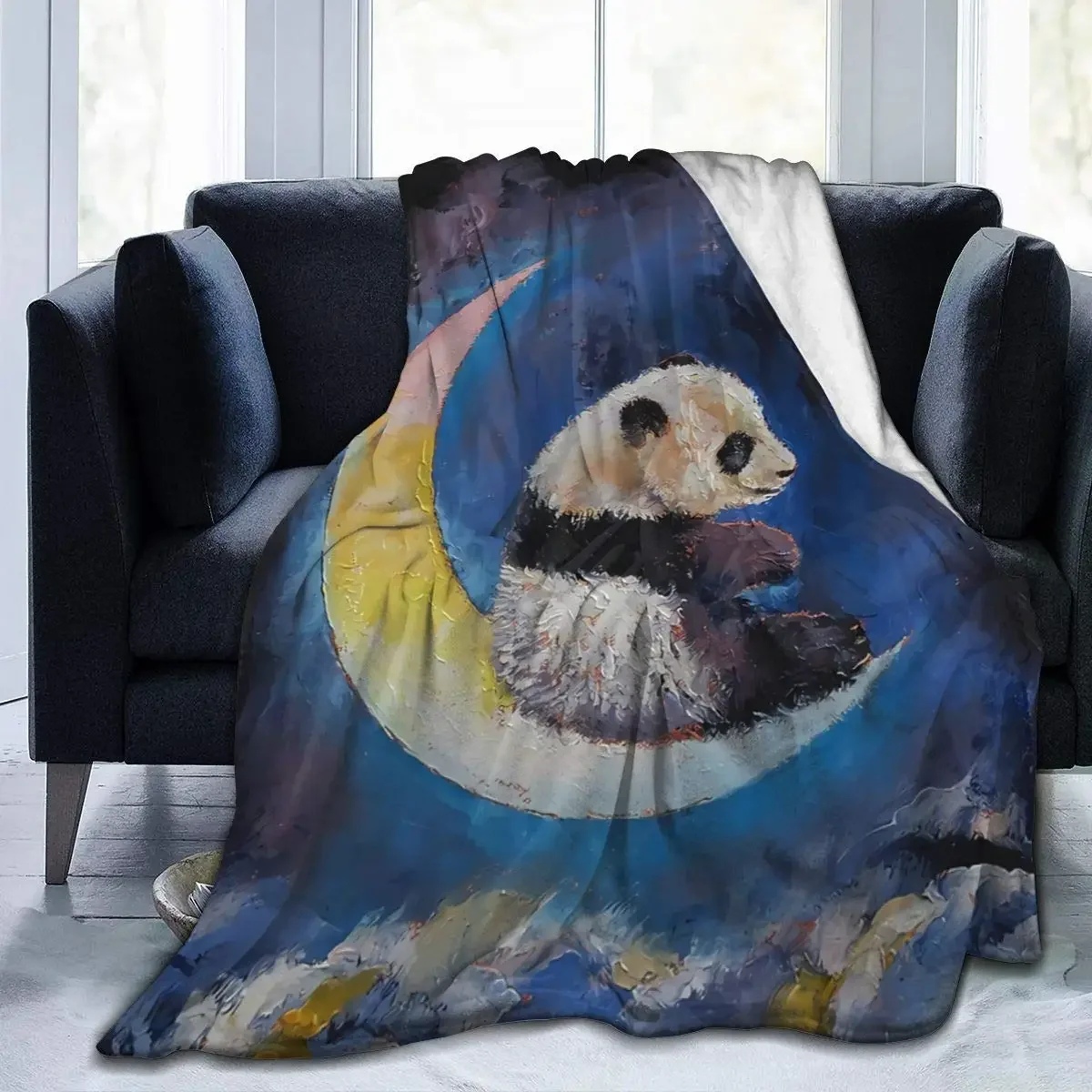 Panda on The Moon Flannel Blanket, Fuzzy Warm Throw Blanket for All Season Bedding,bed Sofa Couch House Warming Decor Gifts Idea