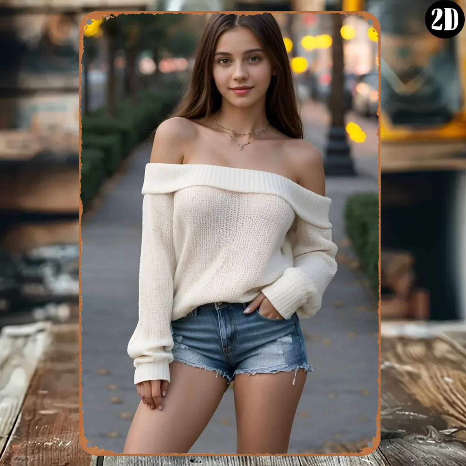 Vintage Metal Tin Sign Young Girl Off Shoulder Sweater Denim Shorts City Street Portrait Wall Decor Retro Plaque Bar Home Art