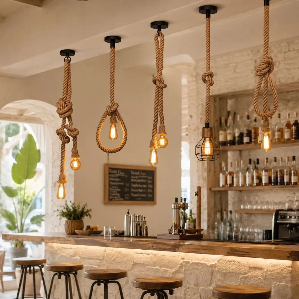 JOYINLED Vintage Hemp Rope Pendant Light E26 E27 Industrial Hanging Lamp Fixture for Dining Room Bedroom Retro DIY Lighting