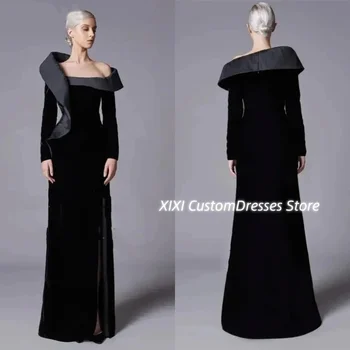 Vestidos de noite de luxo personalizados, linha a, decote fora do ombro, comprimento do chão, zíper, mangas compridas, forro, elegante, festa dres