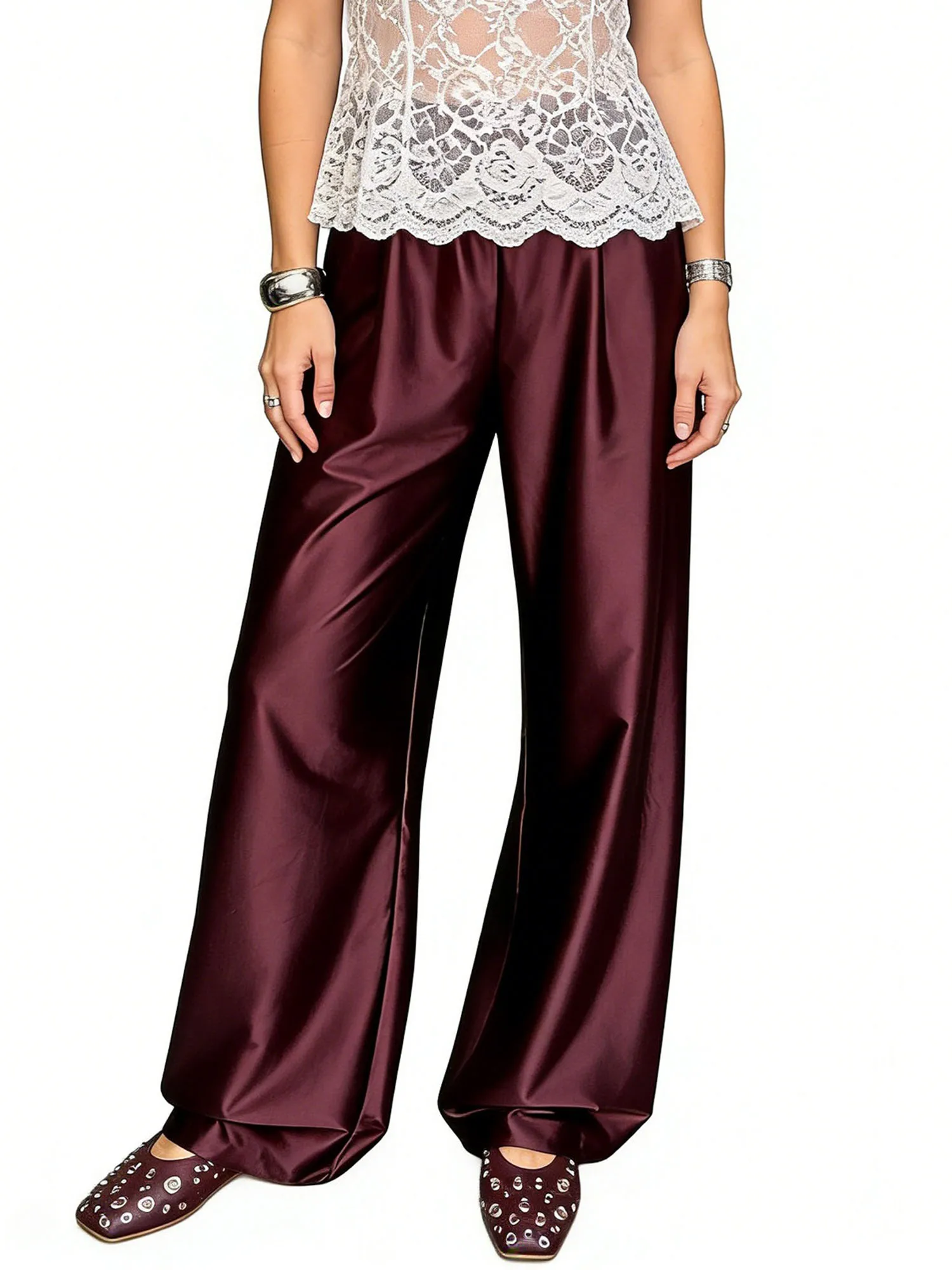 Women s Spring Summer Satin Pants High Waist Solid Color Loose Wide Leg Trousers