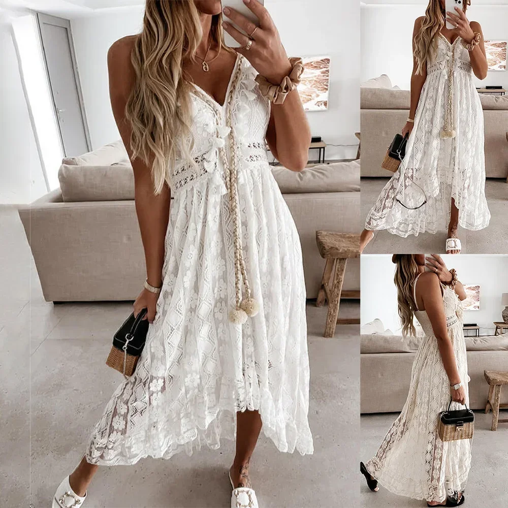 

Women's Lace Up Dresses Boho Tassel V-Neck Flare Ruffle Beach