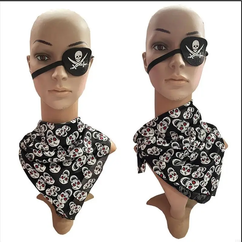 49MF Skull for Head Scarf Eye Mask Square Designer Bandana Scarf Mask Like Silk Hair Scarf Halloween Pirate Cosplay Cos