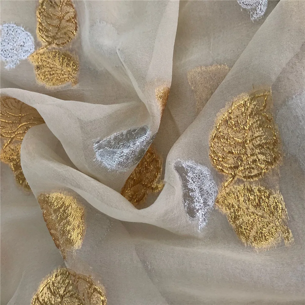 Amazing Gold Silver Leaf Design Silk Metallic Lurex Fabric with Lightweight Material for Making Clothes