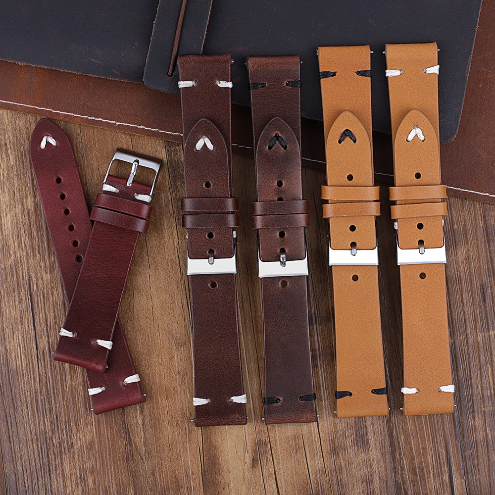 Watchbands Oil Wax Genuine Leather Strap 17mm 18mm 20mm 21mm 22mm Women Men Cowhide Watch Band Handmade Watch Accessories