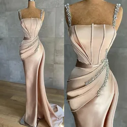 Robe de Soirée de Forme Sirène en Satin pour Femme, Élégante, Luxueuse, avec Poignées Perlées, Traîne Amovible, Sexy, Plissée, Personnalisée, 2024