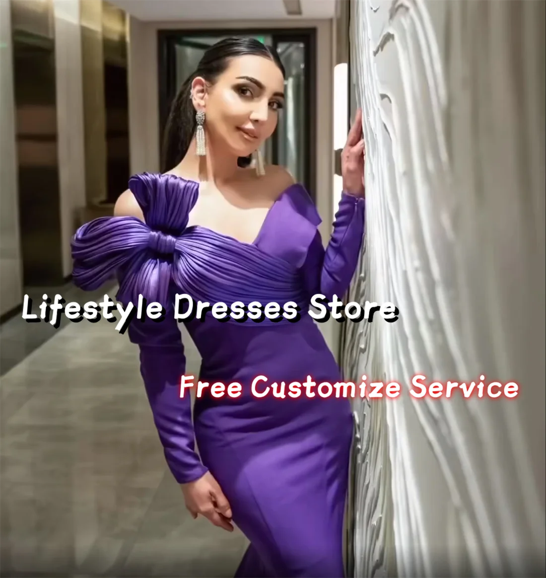 Customized Pleated Bow Off Shoulder Elegant Evening Dresses 2024 Long Sleeves Mermaid Purple Party Gown فساتين للمناسبات الرسمي