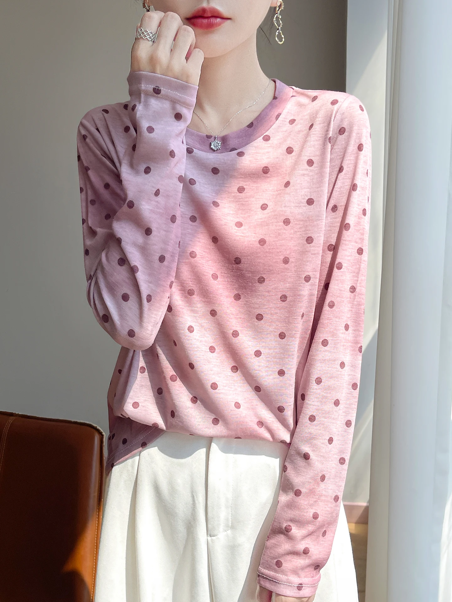 Lace Long Sve Damen-Strick-T-Shirt, runder Ne-Pullover, leicht, luxuriös, hautfreundlich, Base Irt, lässige, lockere Passform