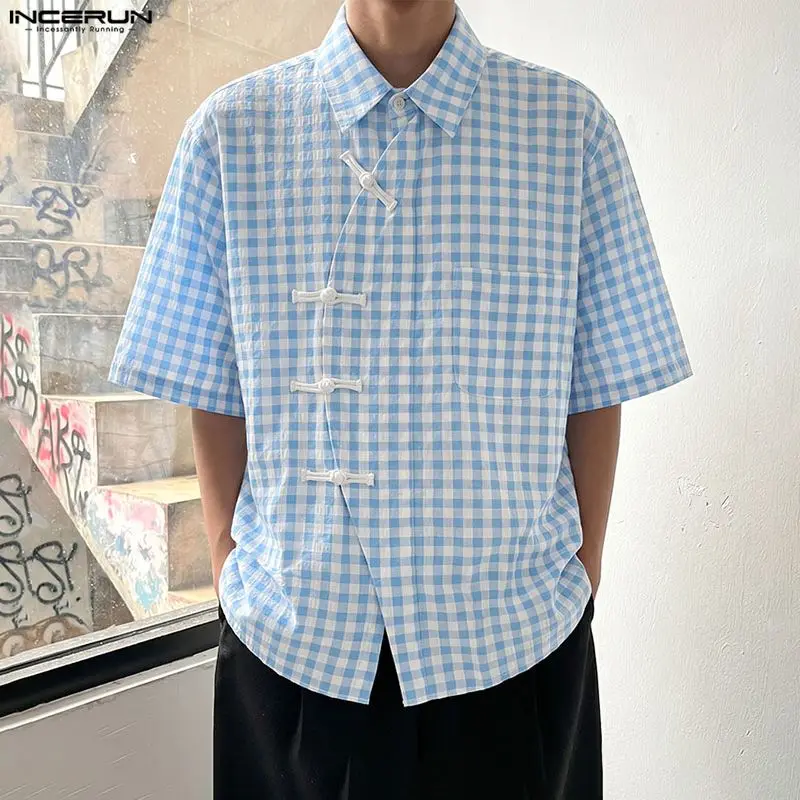 INCERUN Men's Plaid Shirt Lapel Half Sleeve Loose Vintage Button Men Clothes Streetwear Summer Shirts Casual Harajuku Male Tops