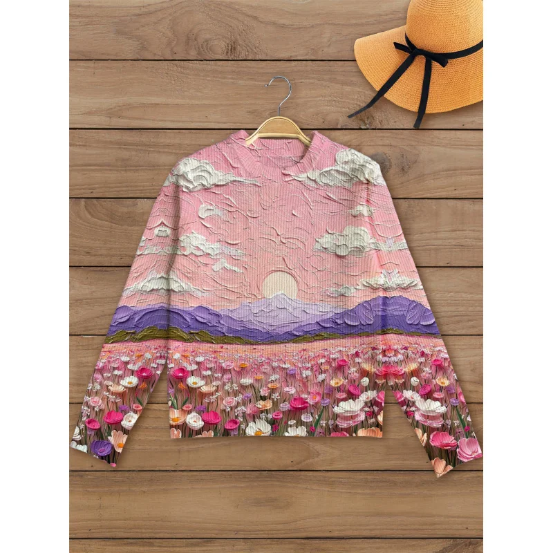 

Elegant Floral Meadow Print Women's Sweater Knit Pullover Warm Loose Round Neck Long Sleeve Autumn Winter Casual Daily