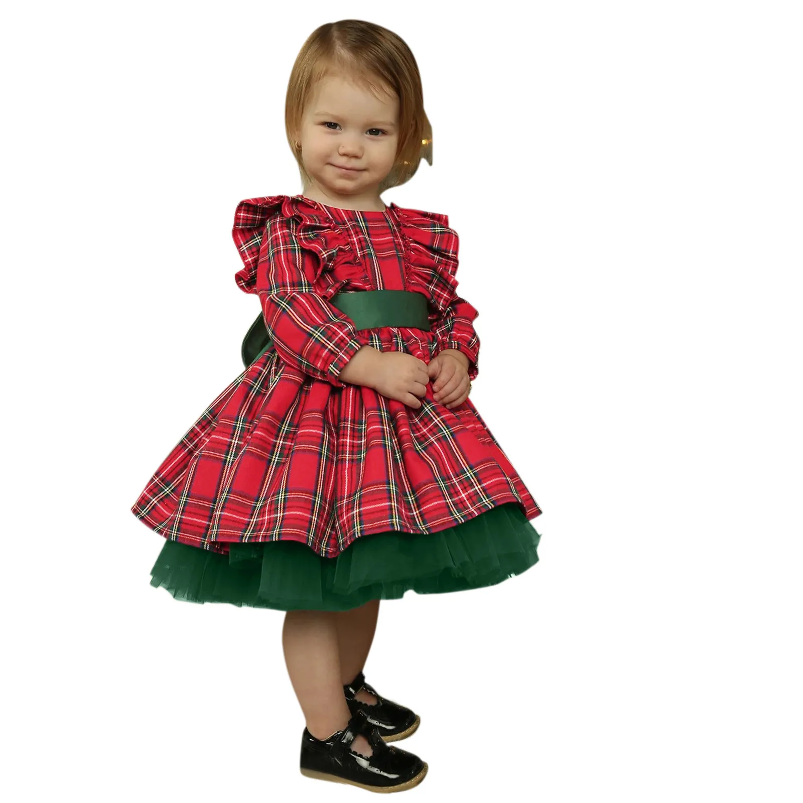 Toddler Girls Christmas Long Sleeve Lace Plaid Prints Princess Dress Xmas Party Bowknot Tulle Dresses 2024 Chic Vestido