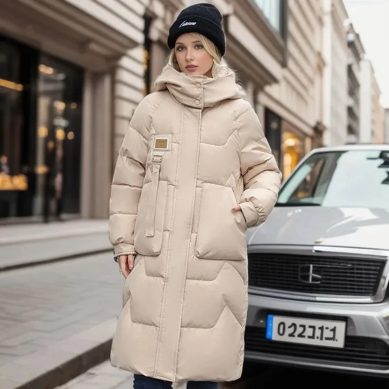 Parkas longas e quentes com capuz para mulheres, jaqueta, casaco de algodão espessado, à prova de vento, casaco de neve, moda feminina, novo