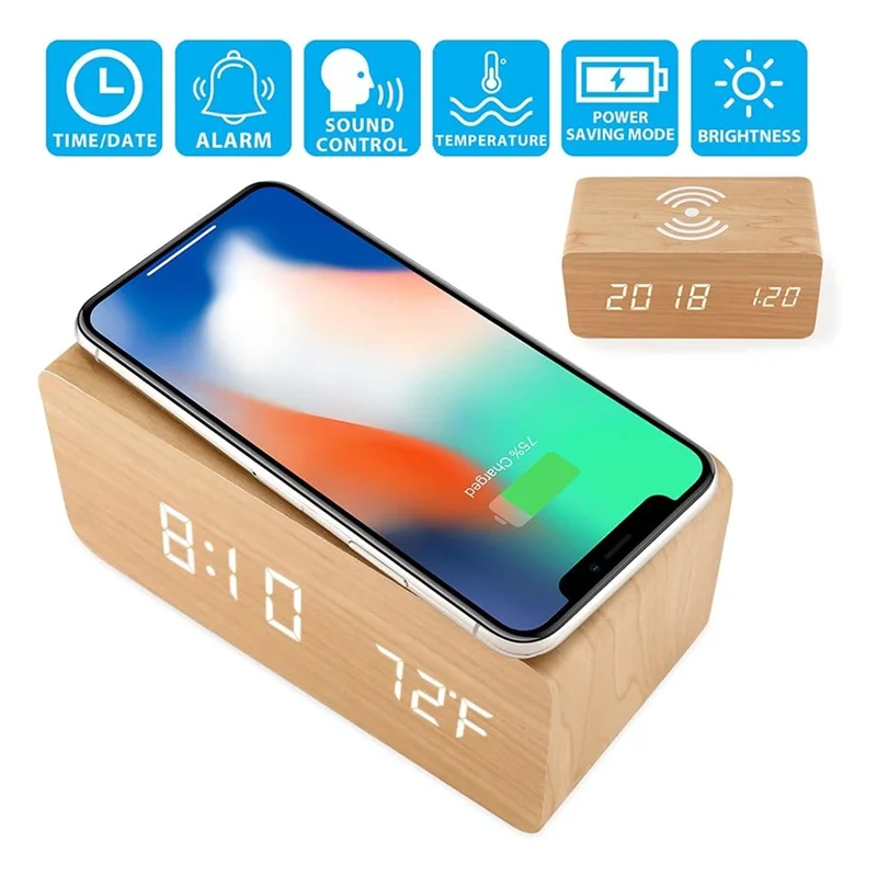 JABS-деревянный цифровой будильник с беспроводной зарядкой, светодиодным дисплеем, показывающим временем, температурой даты, идеально подходит для настольных салфеток
