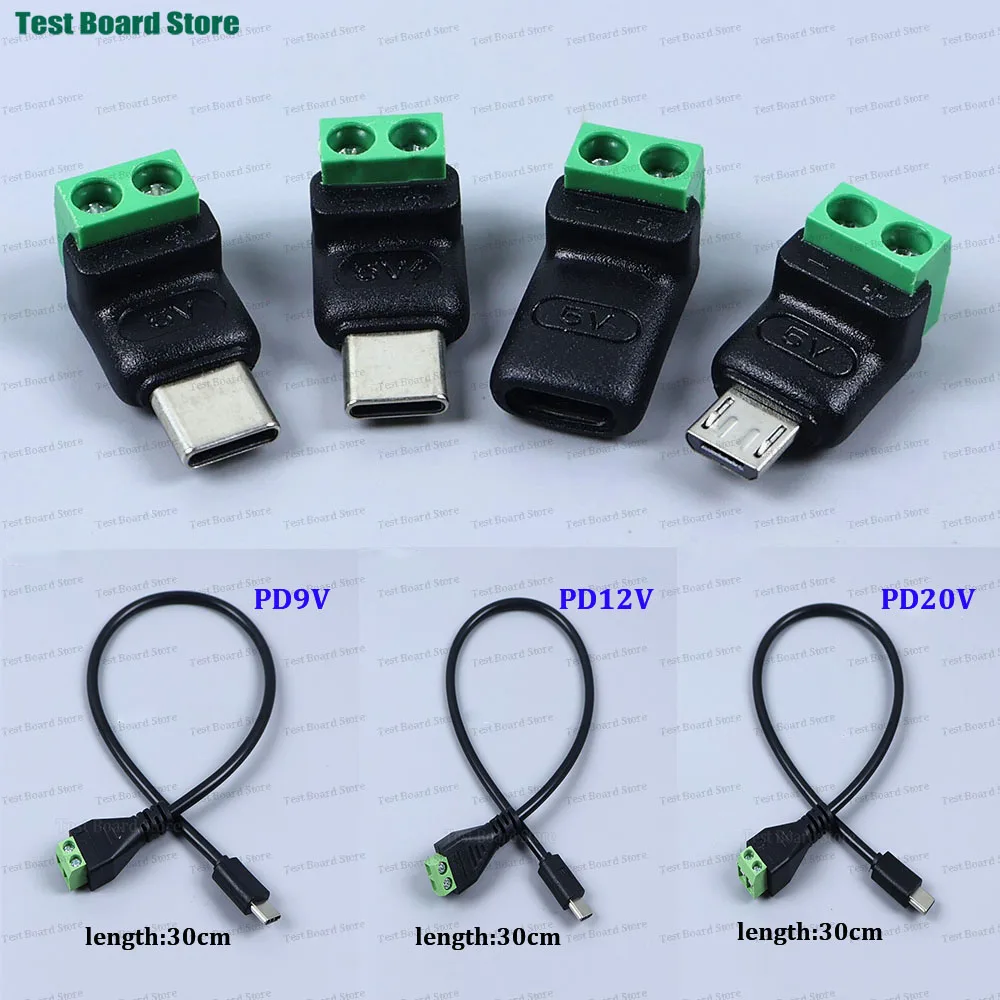 Solderless Plug Micro USB Type-C to 2Pin Terminal Adapter Type-C to 2 Pin Screw Crimp Terminal Block 5V 9V12V20V cable Charging