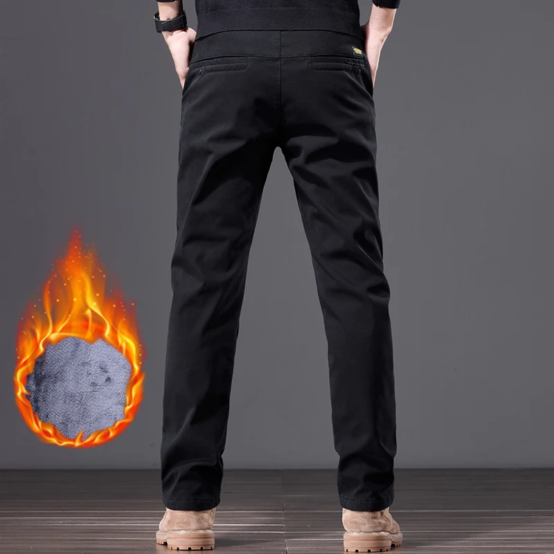 Size 28-38 Winter Warm Casual Pants Men\'s Straight Business Fleece Trousers Classic Brand Stretch Leisure Work Male Thick Pants