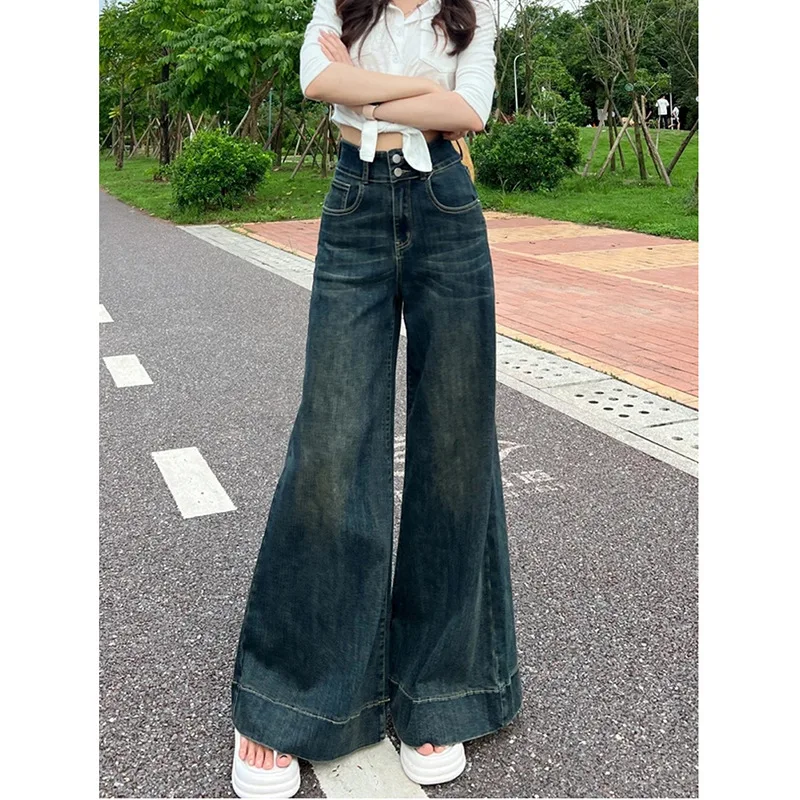 2026 American Retro Wide-leg Jeans for Women's Spring and Autumn New Floor-length Pants, High-waisted Double-button Flared Jeans