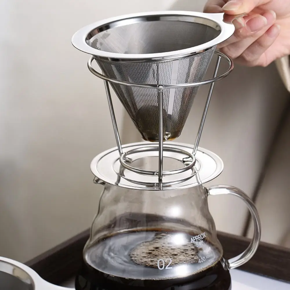 Stainless Steel Coffee Funnel 800 Mesh Double Layer Coffee Dripper Strainer with Holder Reusable Coffees Drip Mesh