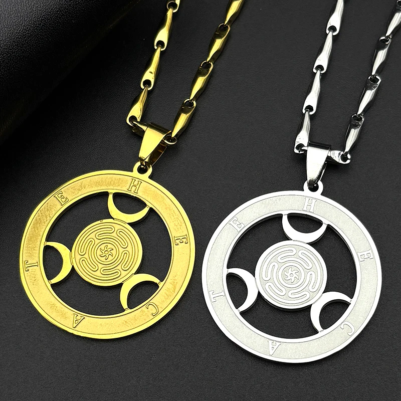 Wicca Triple Moon Goddness Hekate Wheel Stainless Steel Pendant Necklace Strophalos Hecate Magic Symbol Charm PIN Jewelry Gift