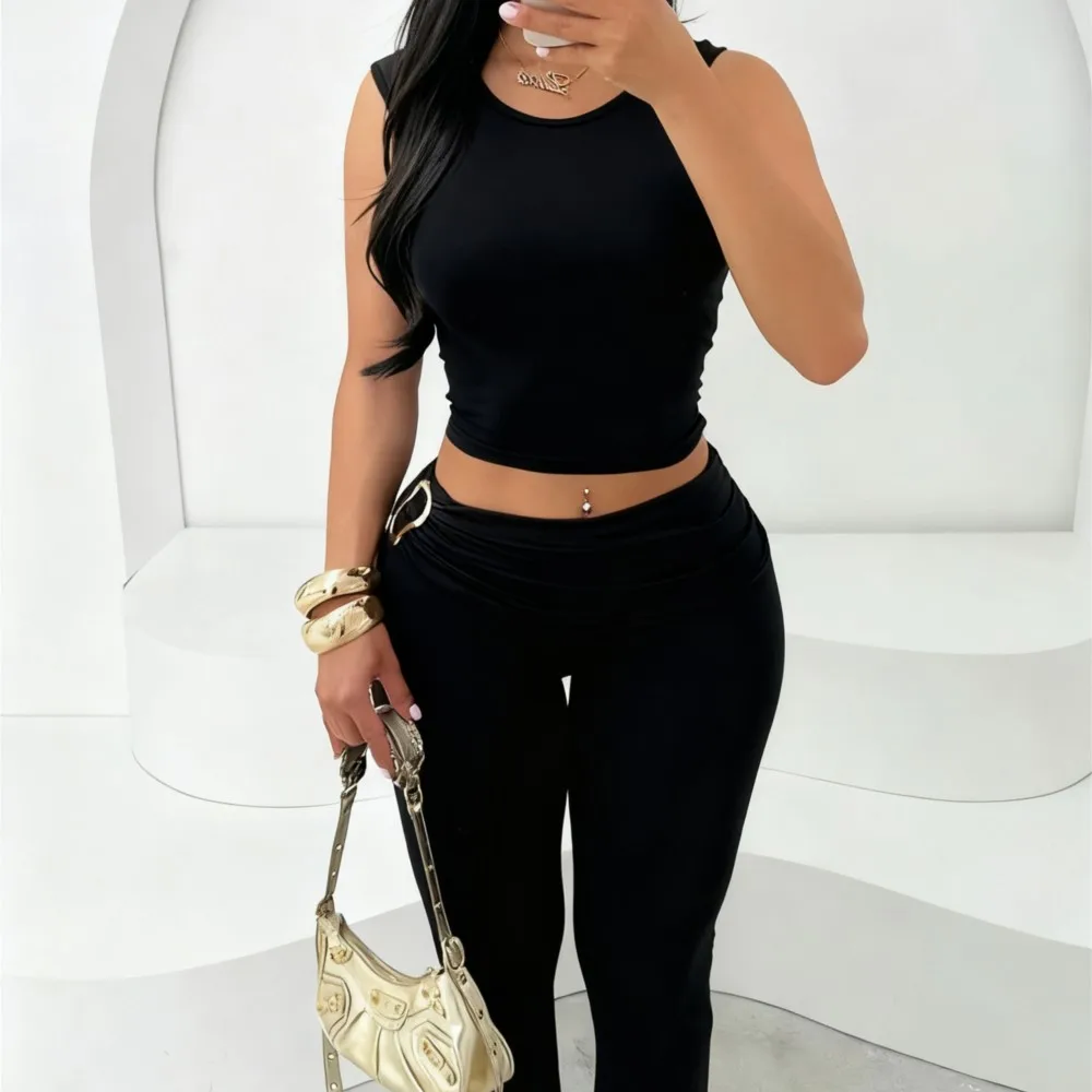 

Casual Home 2-piece Simple Versatile Sports Suit Short-sleeved Round Neck Vest Top High-waisted Bell-bottoms Two-piece Set