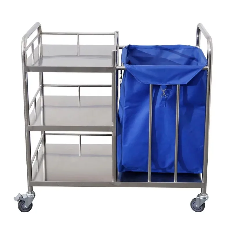 2026 Stainless Steel Hospital Medical Waste Linen Trolley Mobile Nursing Laundry Carts Three Layers BS-668-1