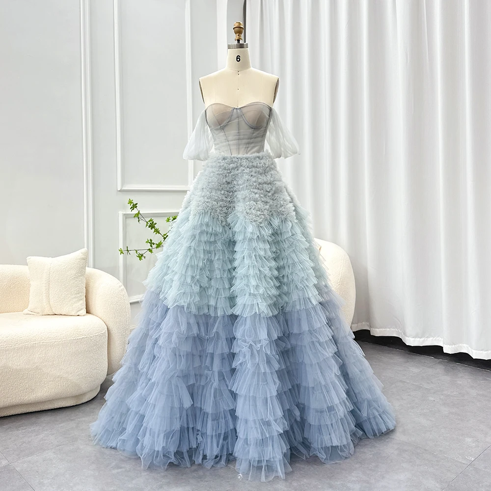 Sharon disse azul ombre em camadas babados vestidos de noite para festa de casamento feminino 2025 dubai vestido de baile vestido de baile ss551 personalizado