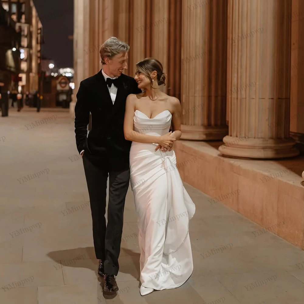 

Pleat Satin Wedding Dresses Bridal Sleeveless Mermaid Detachable Train Bride Party Gowns vestido de novia para boda Customized