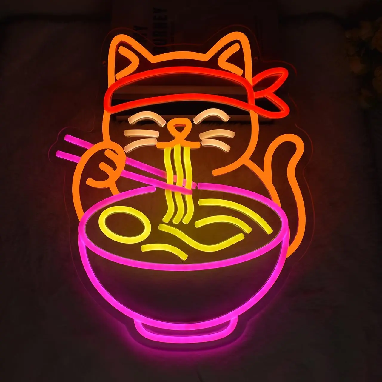  Cat Eating Ramen Noodles LED Neon Sign USB Wall Light Japanese Restaurant Cafe Bar Food Shop Business Atmosphere Lamp Gift