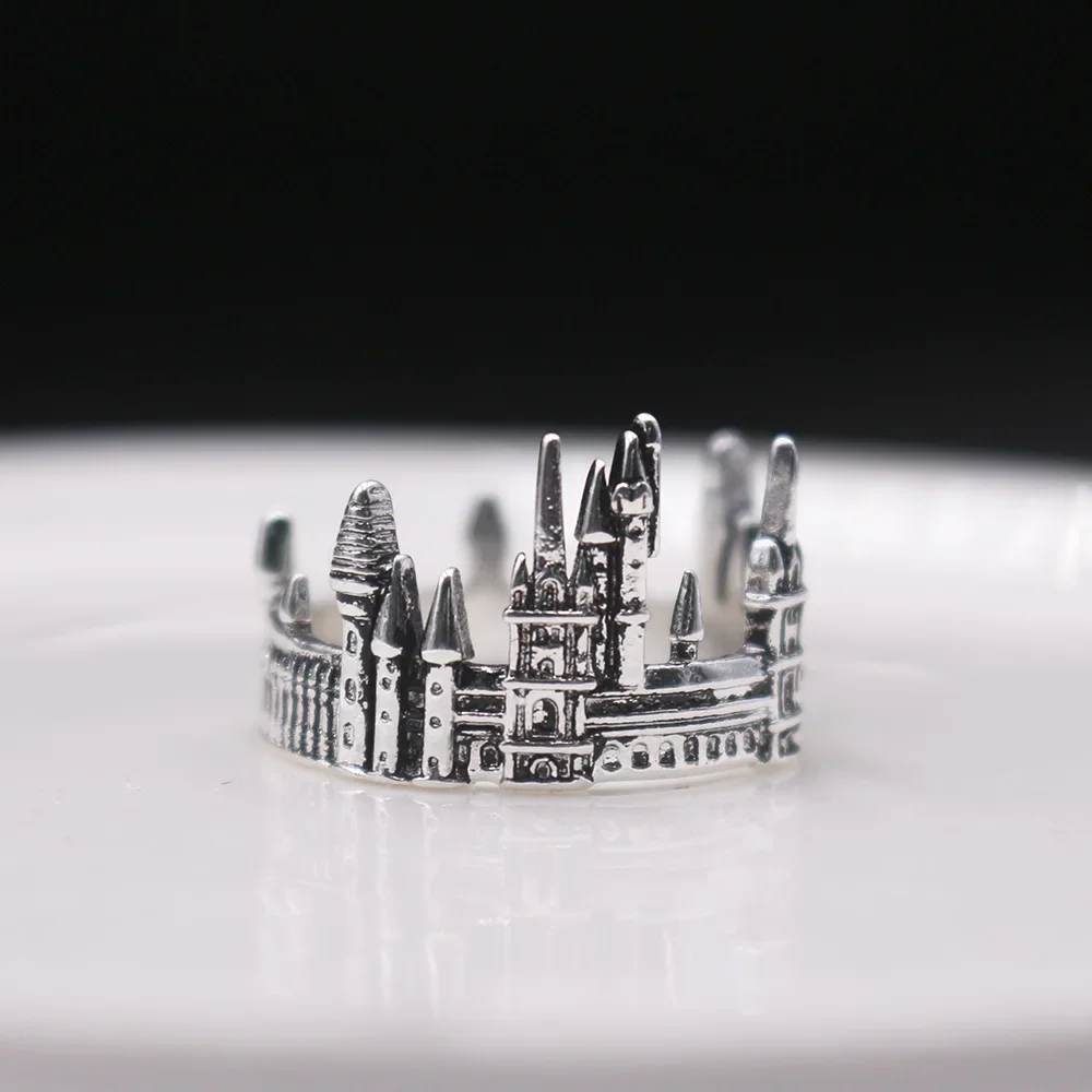 Vintage European Old Castle Rings For Men Women Antique Sliver Plated Carving Gothic Church Finger Rings Festival Jewelry Gifts