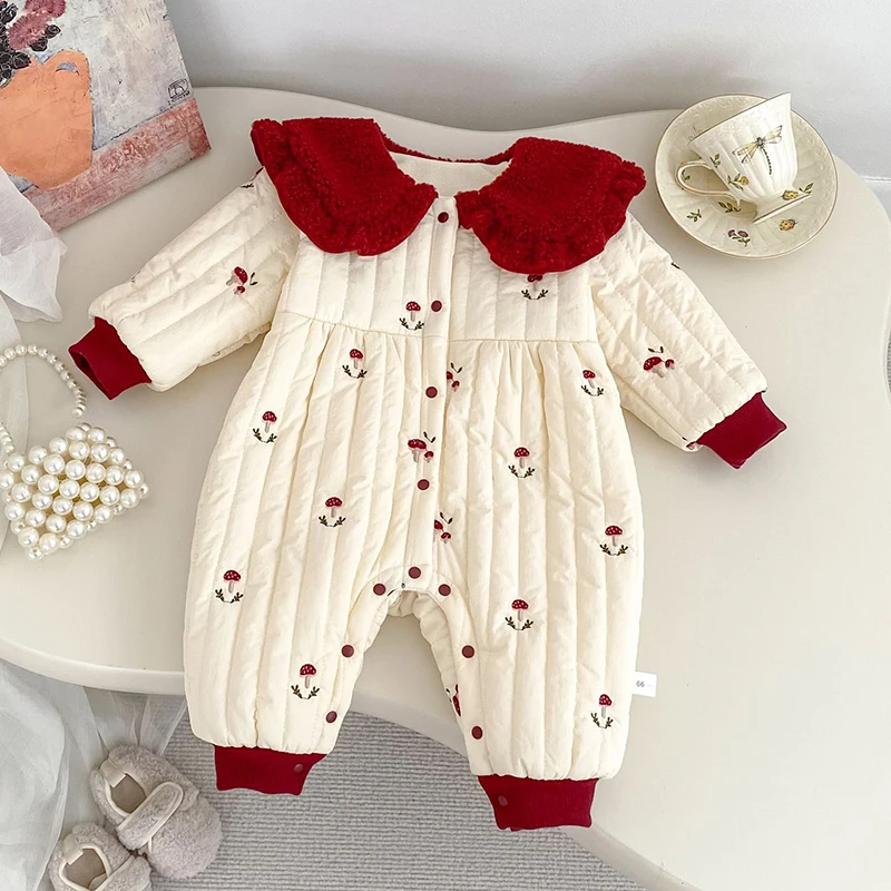 

2025 New Winter 0-24M Children Clothes Toddler Baby Girl Thicken Warm Romper Long Sleeved Print Infant Baby Girls Jumpsuit