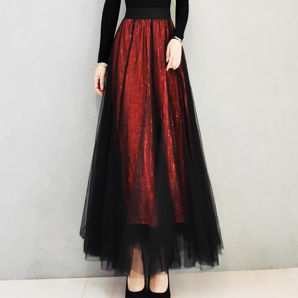 2023 Autumn Fashion Elegant Red Sequin A-line Womens Maxi Skirt , Woman evening party Mesh Pleated Ladies' Long Skirts Womens
