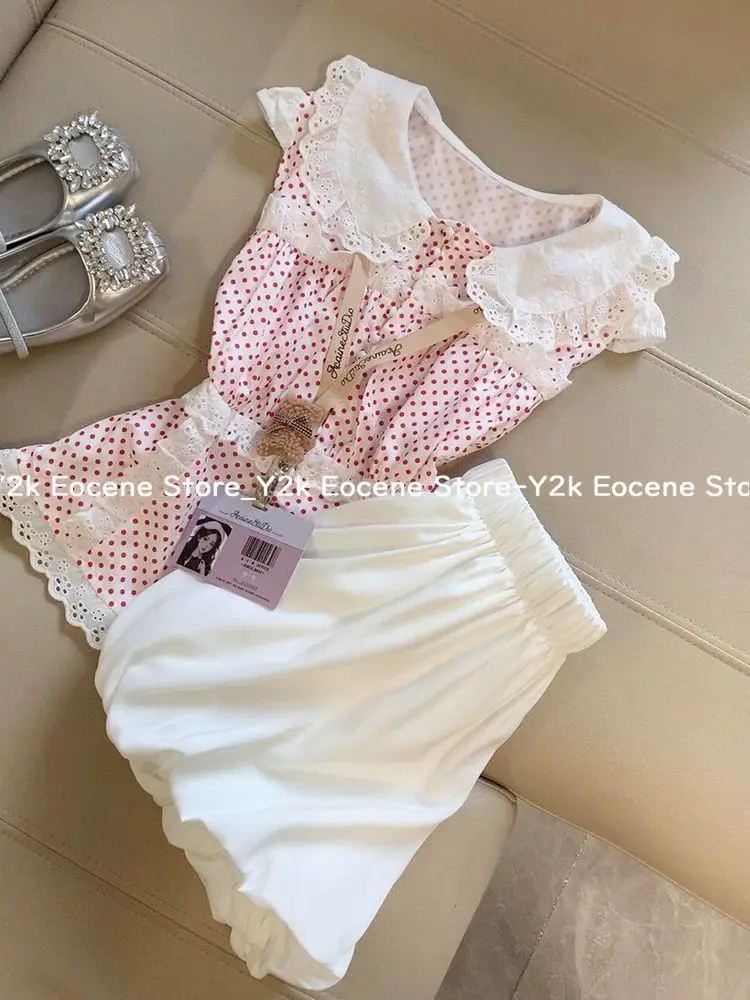 Set Dua Potong Baru Manis Merah Muda Jepang Kemeja Polka Dot Wanita + Setelan Rok Gelembung Putih Pakaian Gaya Putri Desain Kawaii 2025
