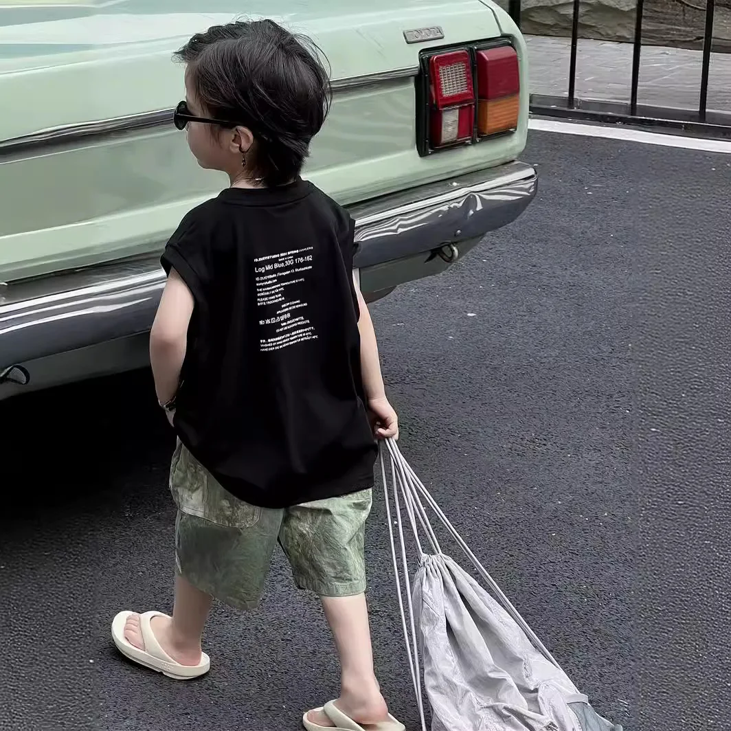 Top sin mangas de verano para niños, Camiseta holgada coreana, camiseta grande con letras de banda de Color puro, Top sin mangas