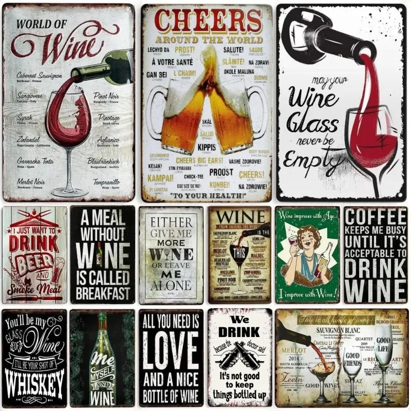 Vintage Metal Tin Poster World Wine Metal Sign Whiskey Painting Alcohol Poster Plate For Bar Restaurant Club Man Cave Wall Decor