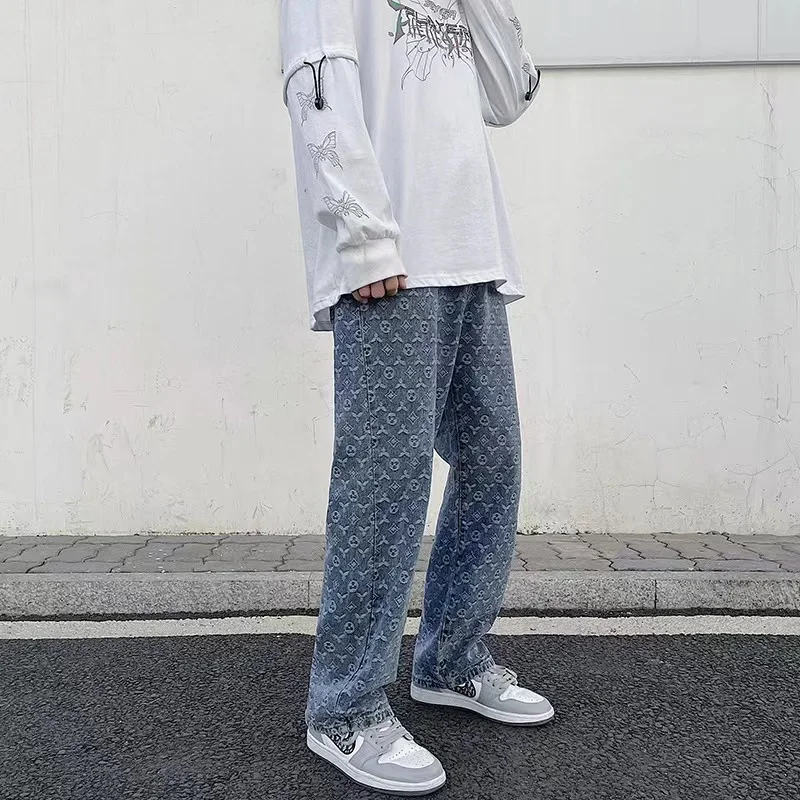 Fashion Men Wide Leg Jeans Letter Print Streetwear Hip Hop Straight Baggy Denim Trend Pants Male Brand Trousers 2023 Autumn New