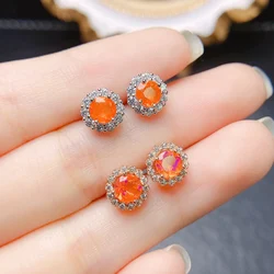 Hot Selling 925 Silver Earrings Natural Fire Orange Opal Stud Earrings Halo CZ Opal Women's Earrings For Gift