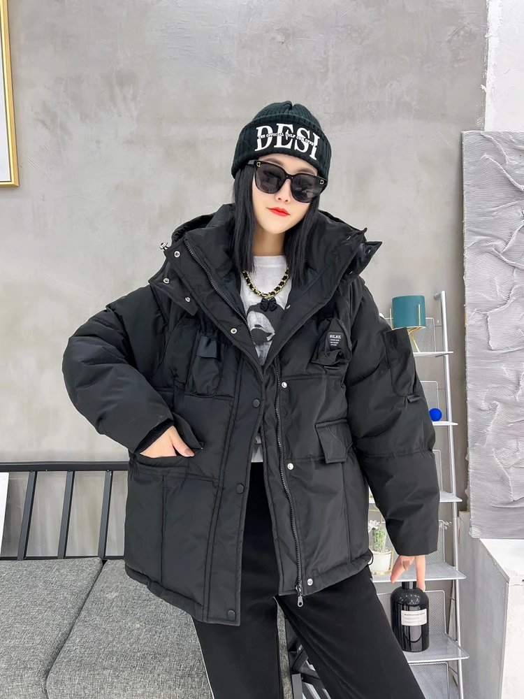 Loose Hooded Solid Color Thicken Parkas Winter Windproof Cotton Padded Coats Korean Women Elegant Long Sleeve Bread Short Jacket