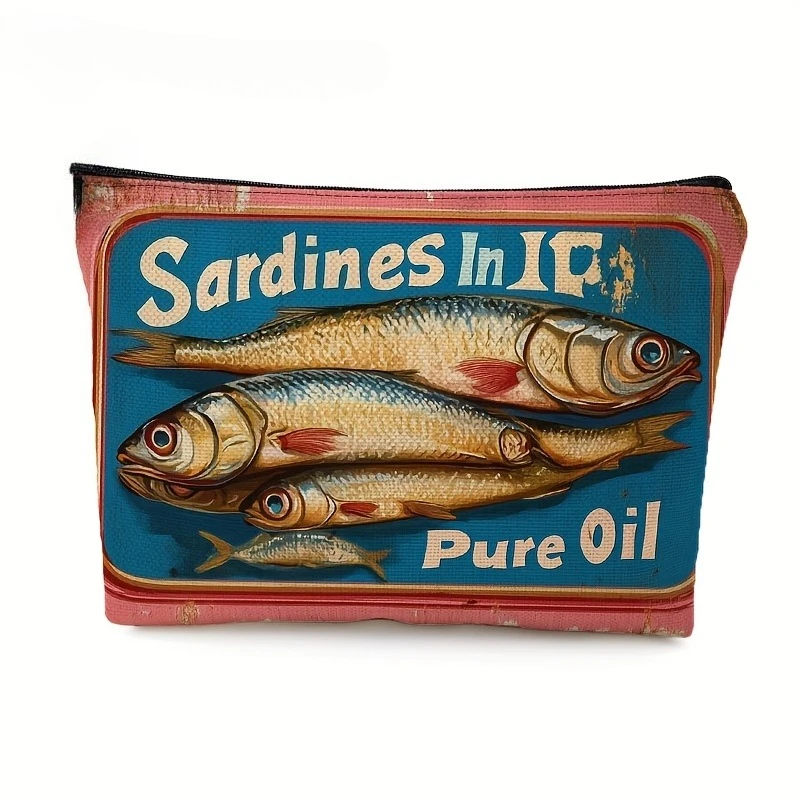 

1 шт., винтажная модная косметичка из полиэстера Sardines in Oil, прочный дорожный футляр на молнии с двусторонней печатью