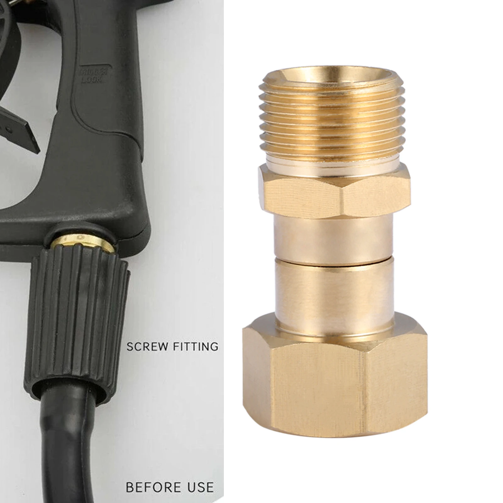 Brass Swivel Connector M22 14mm Inside Diameter Thread Fitting Universal Pressure Washer Coupler Kink Free 360 Degree Rotation