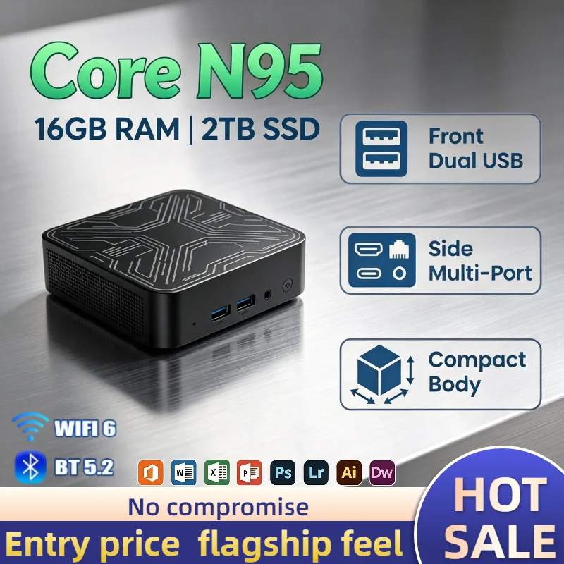 2026 Core N95 Mini Portable PC 16GB DDR4 M.2 NVMe SSD Triple 4K Display WiFi6 Silent Cooling Office Home Desktop Pro