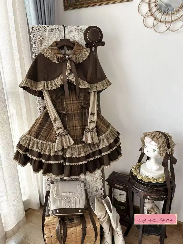 

Japanese 2025 New Fresh and Sweet Lolita Caramel with Bow Cloak Plaid Lace Dress Autumn and Winter Lady Style Three-piece Set