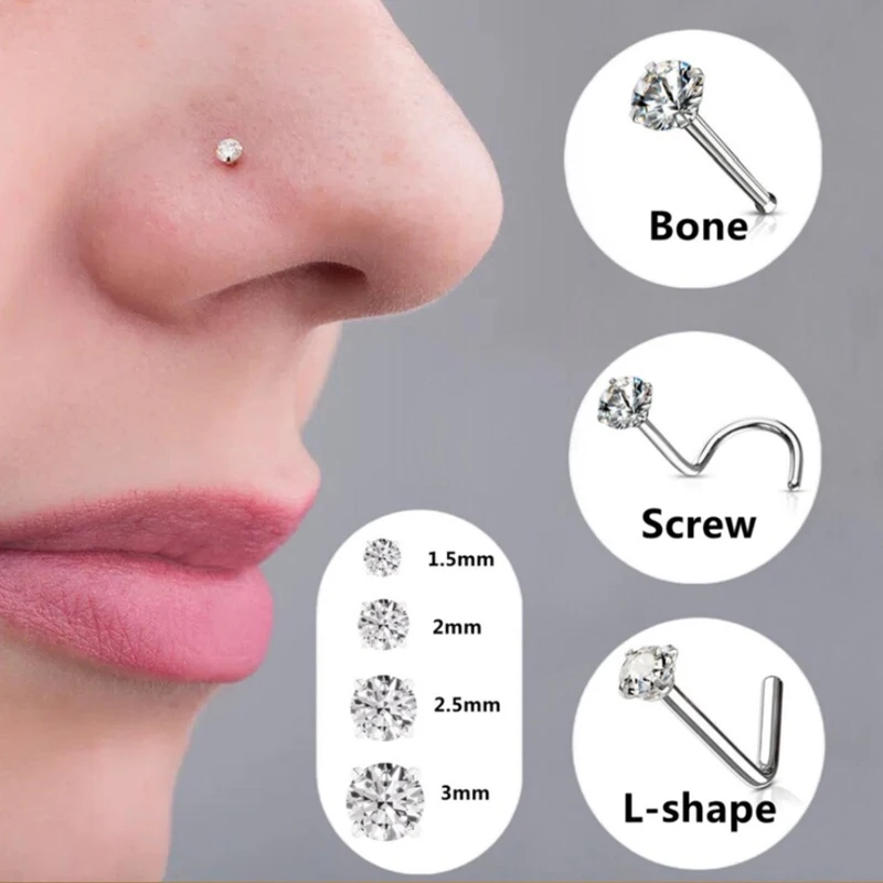 1PC 1.5-3mm Mini Zircon Nose Studs 316L Stainless Steel L Shape Nose Ring Cartilage Earrings for Women Men Body Piercing Jewelry