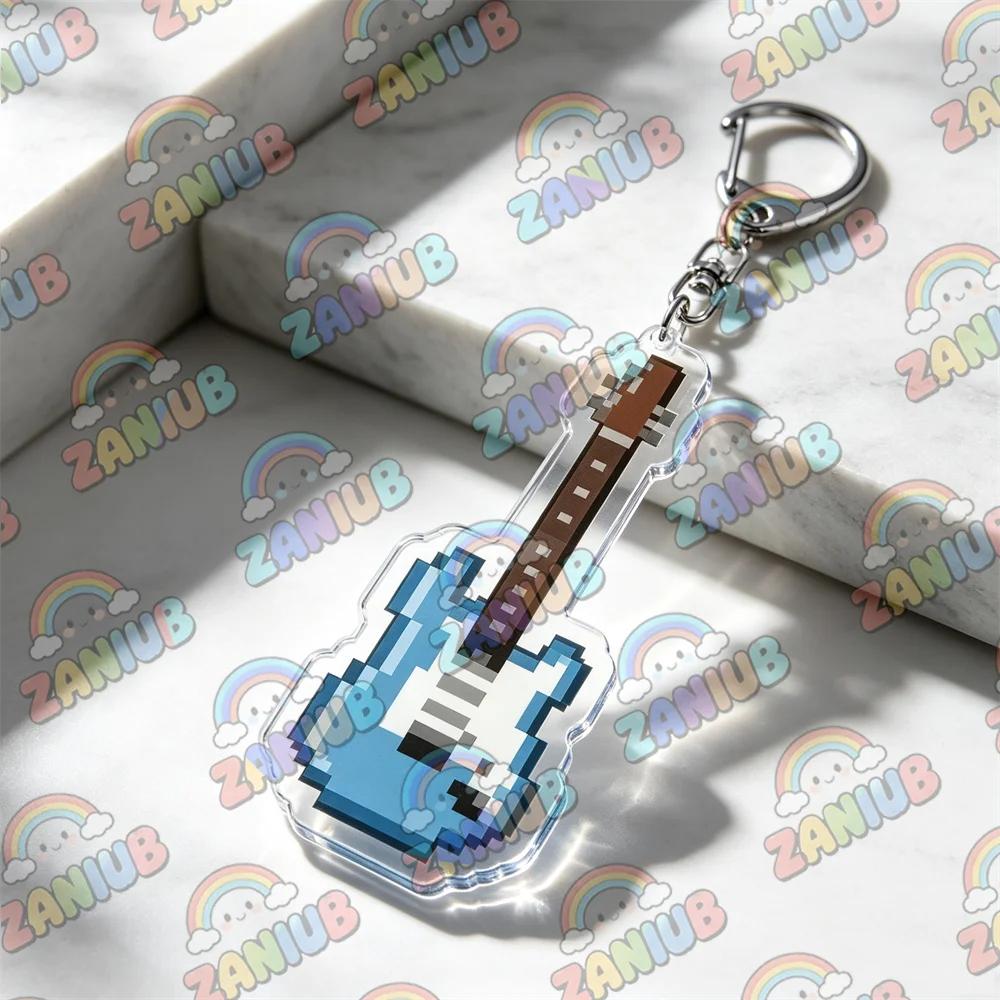 Pop Music Pixel Guitar Keychains for Accessories Jewelry Acrylic Pendant Key Ring Purse Phone Bag Charm Fans Friends Gifts
